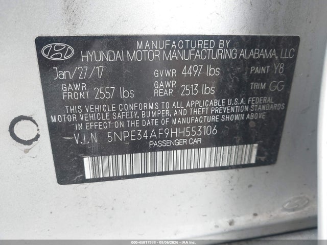 45817988 :رقم المزاد ، 5NPE34AF9HH553106 vin ، 2017 Hyundai Sonata Sport مزاد بيع