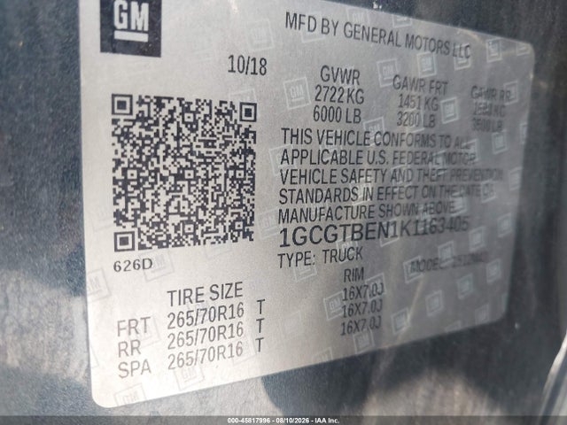 45817996 :رقم المزاد ، 1GCGTBEN1K1163405 vin ، 2019 Chevrolet Colorado Wt مزاد بيع