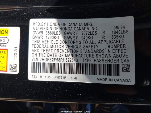 2024 Honda Civic Sport მანქანა იყიდება აუქციონზე, vin: 2HGFE2F58RH592543, აუქციონის ნომერი: 45817999