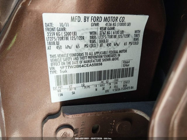 2012 Ford F-250 Lariat მანქანა იყიდება აუქციონზე, vin: 1FT7W2B64CEA55858, აუქციონის ნომერი: 45818001