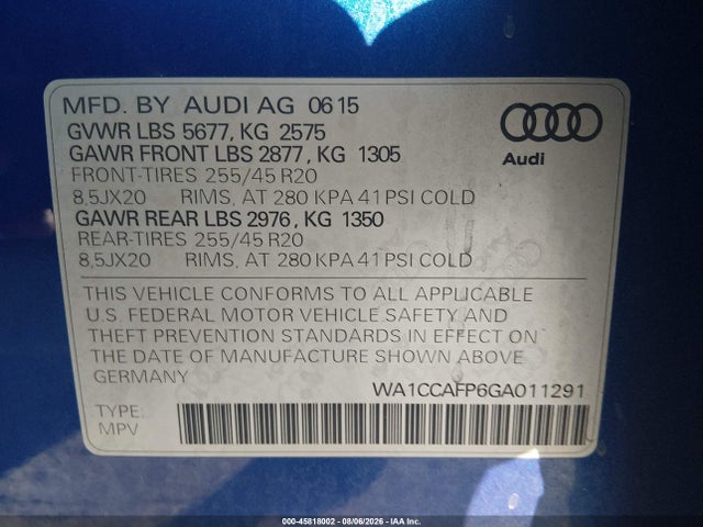 45818002 :رقم المزاد ، WA1CCAFP6GA011291 vin ، 2016 Audi Sq5 3.0t Premium Plus مزاد بيع