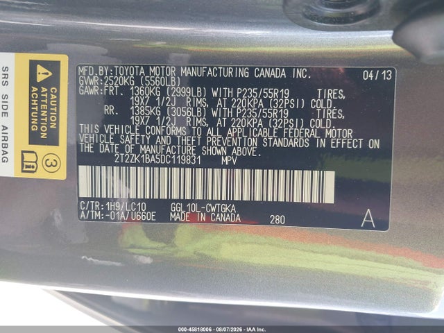 Aukcja sprzedaży 2013 Lexus Rx 350, vin: 2T2ZK1BA5DC119831, numer aukcji: 45818006