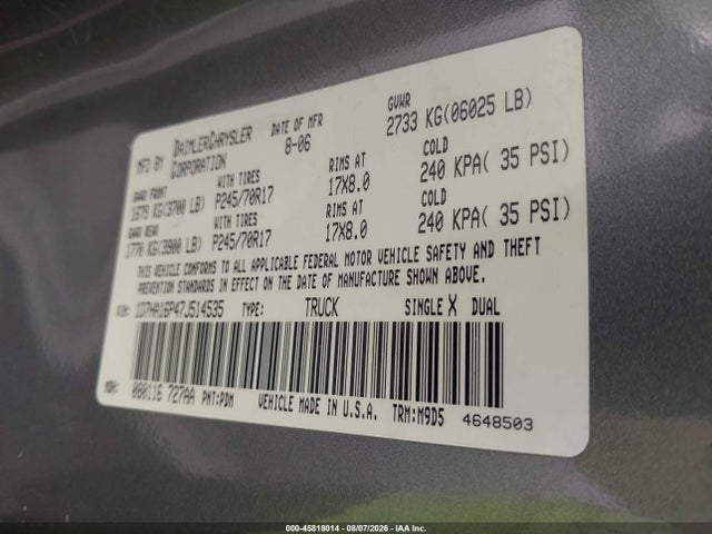 Продаж на аукціоні авто 2007 Dodge Ram 1500 Slt/sport, vin: 1D7HA16P47J514535, номер лоту: 45818014