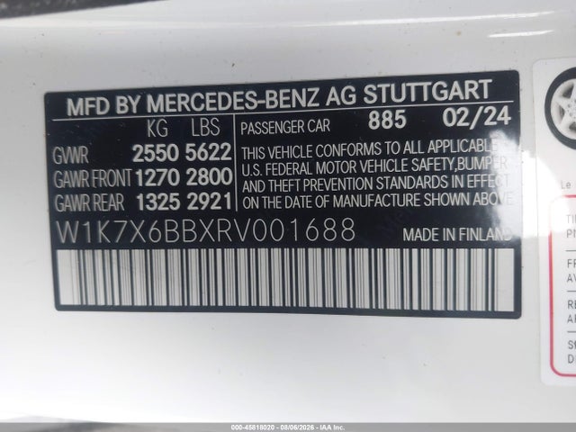 Aukcja sprzedaży 2024 Mercedes-benz Amg Gt 53 4-door Coupe, vin: W1K7X6BBXRV001688, numer aukcji: 45818020
