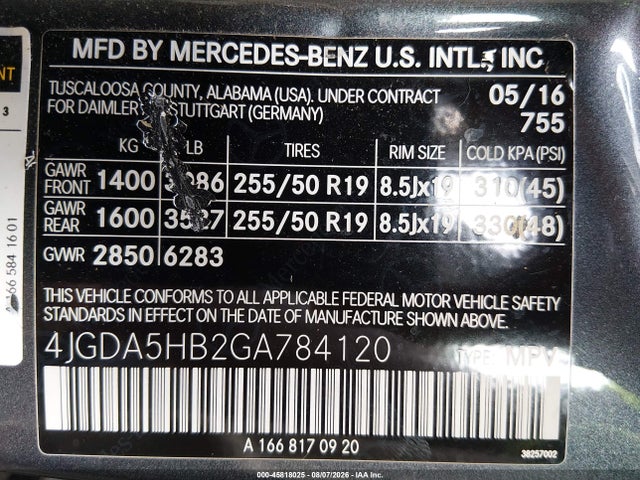 45818025 :رقم المزاد ، 4JGDA5HB2GA784120 vin ، 2016 Mercedes-benz Gle 350 4matic مزاد بيع