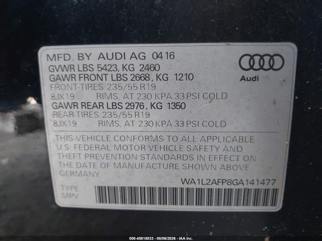 45818033 :رقم المزاد ، WA1L2AFP8GA141477 vin ، 2016 Audi Q5 2.0t Premium مزاد بيع