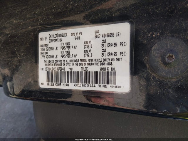 45818053 :رقم المزاد ، 1D7HA18N13J673048 vin ، 2003 Dodge Ram 1500 Slt/laramie/st مزاد بيع