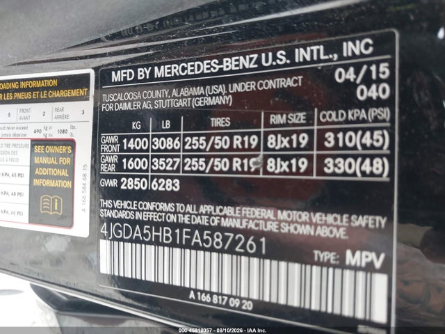 45818057 :رقم المزاد ، 4JGDA5HB1FA587261 vin ، 2015 Mercedes-benz Ml 350 4matic مزاد بيع