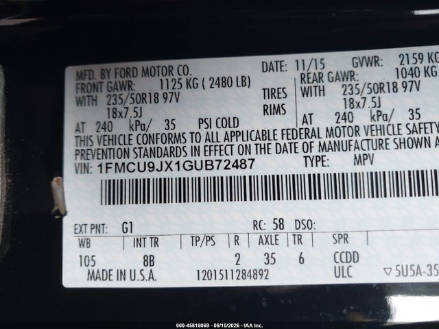 45818069 :رقم المزاد ، 1FMCU9JX1GUB72487 vin ، 2016 Ford Escape Titanium مزاد بيع