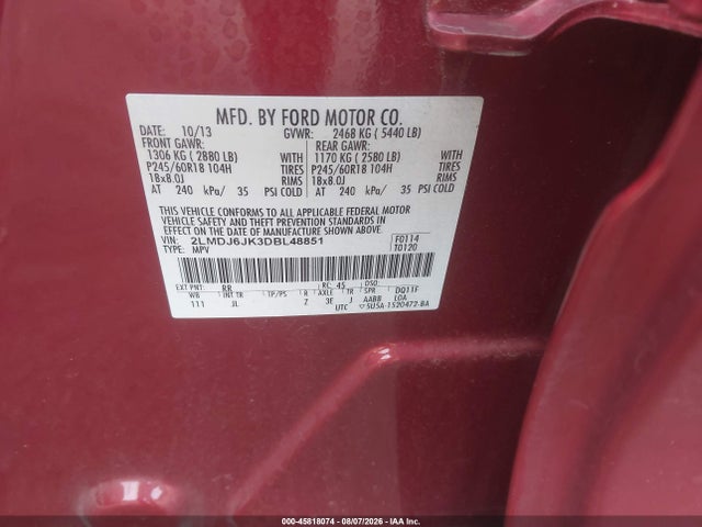 Aukcja sprzedaży 2013 Lincoln Mkx, vin: 2LMDJ6JK3DBL48851, numer aukcji: 45818074