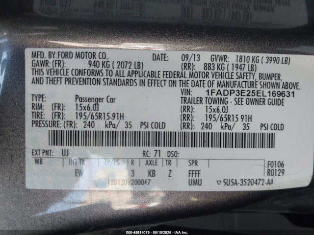 45818075 :رقم المزاد ، 1FADP3E25EL169631 vin ، 2014 Ford Focus S مزاد بيع