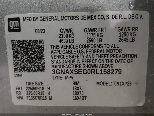 Продажа на аукционе авто 2024 Chevrolet Equinox Awd Ls, vin: 3GNAXSEG0RL158279, номер лота: 45818077
