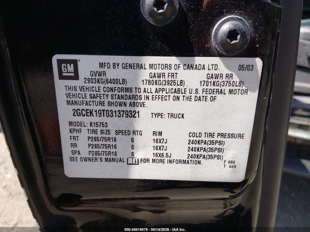 Продажа на аукционе авто 2003 Chevrolet Silverado 1500 Lt, vin: 2GCEK19T031379321, номер лота: 45818079