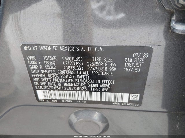 45818081 :رقم المزاد ، 3CZRU5H12LM708025 vin ، 2020 Honda Hr-v 2wd Sport مزاد بيع