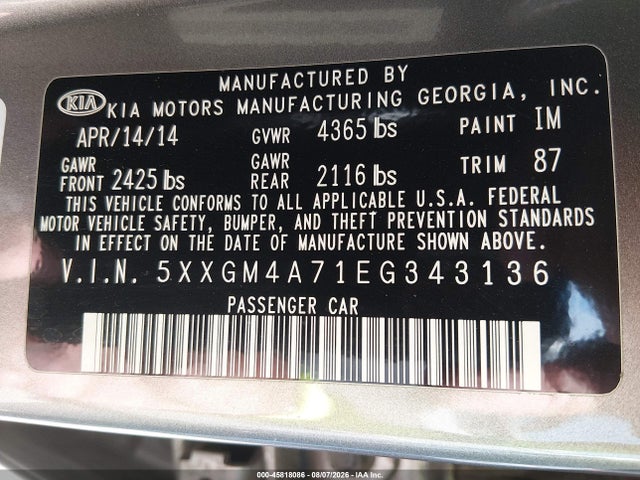 45818086 :رقم المزاد ، 5XXGM4A71EG343136 vin ، 2014 Kia Optima Lx مزاد بيع