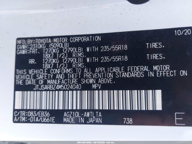 45818088 :رقم المزاد ، JTJSARBZ4M5024040 vin ، 2021 Lexus Nx 300 F Sport مزاد بيع