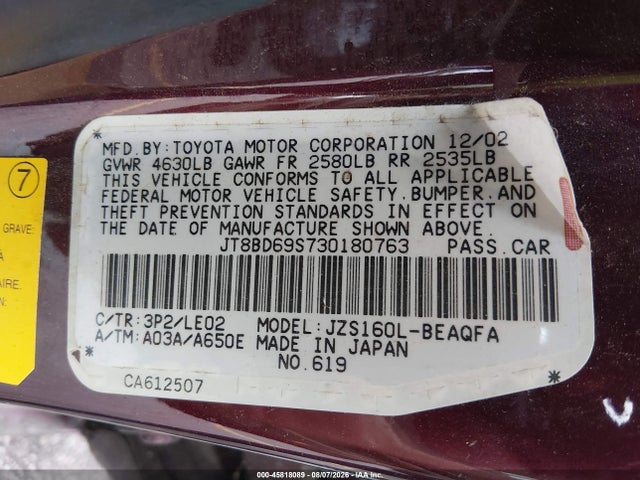 Продаж на аукціоні авто 2003 Lexus Gs 300, vin: JT8BD69S730180763, номер лоту: 45818089