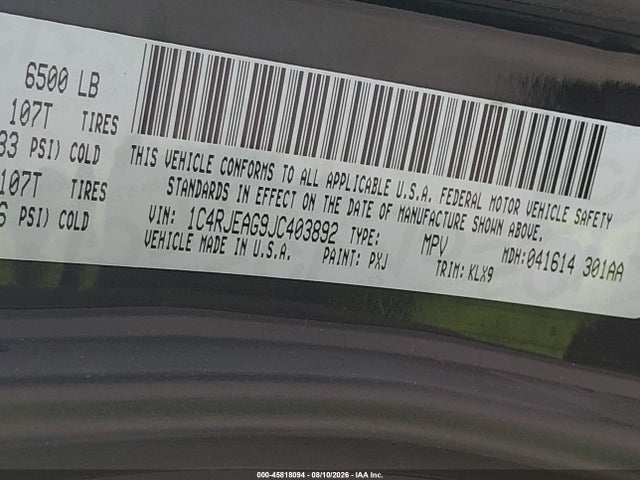 Продажа на аукционе авто 2018 Jeep Grand Cherokee Altitude 4x2, vin: 1C4RJEAG9JC403892, номер лота: 45818094