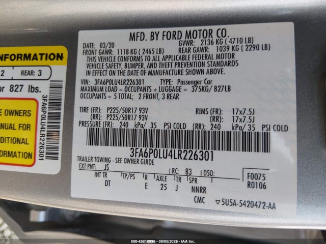 Ford Fusion Hybrid Se 2020 3FA6P0LU4LR226301 Image 9