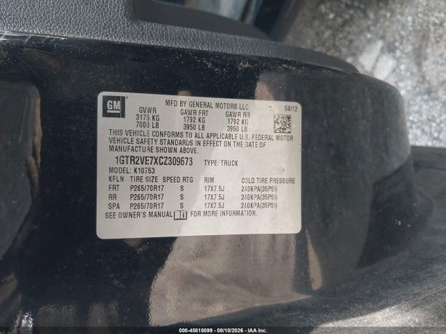 45818099 :رقم المزاد ، 1GTR2VE7XCZ309673 vin ، 2012 Gmc Sierra 1500 Sle مزاد بيع