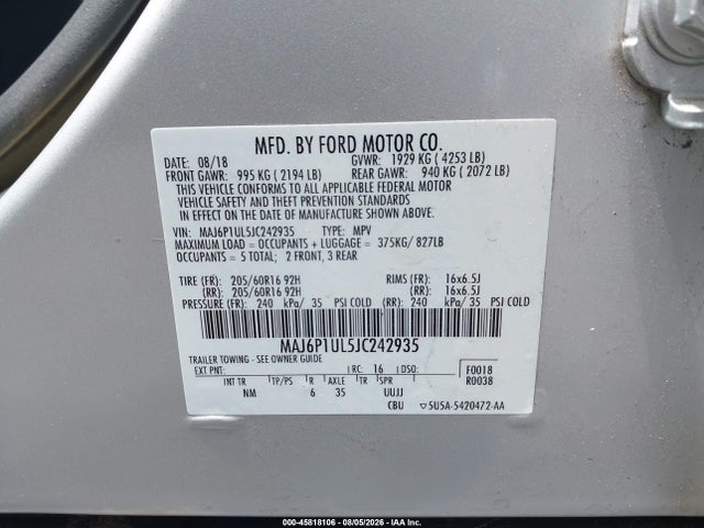 Aukcja sprzedaży 2018 Ford Ecosport Se, vin: MAJ6P1UL5JC242935, numer aukcji: 45818106