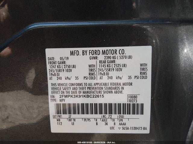 Продажа на аукционе авто 2019 Ford Edge Titanium, vin: 2FMPK3K91KBC22615, номер лота: 45818108