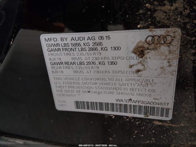 45818112 :رقم المزاد ، WA1D7AFP2GA004637 vin ، 2016 Audi Q5 3.0t Premium Plus مزاد بيع