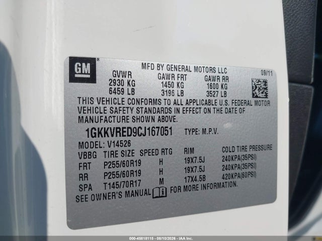 45818115 :رقم المزاد ، 1GKKVRED9CJ167051 vin ، 2012 Gmc Acadia Slt-1 مزاد بيع