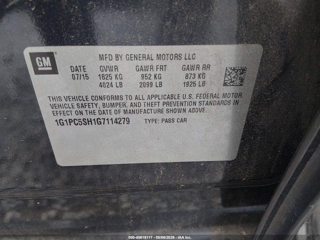 45818117 :رقم المزاد ، 1G1PC5SH1G7114279 vin ، 2016 Chevrolet Cruze Limited Ls Auto مزاد بيع