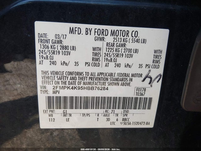 Aukcja sprzedaży 2017 Ford Edge Titanium, vin: 2FMPK4K95HBB76284, numer aukcji: 45818135