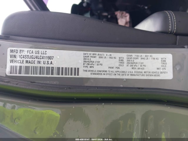 45818141 :رقم المزاد ، 1C4SDJGJ4LC411907 vin ، 2020 Dodge Durango Srt Awd مزاد بيع