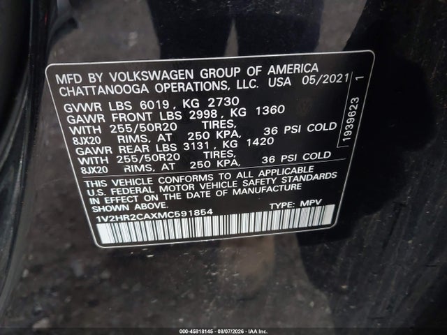 2021 Volkswagen Atlas 3.6l V6 Se W/technology მანქანა იყიდება აუქციონზე, vin: 1V2HR2CAXMC591854, აუქციონის ნომერი: 45818145