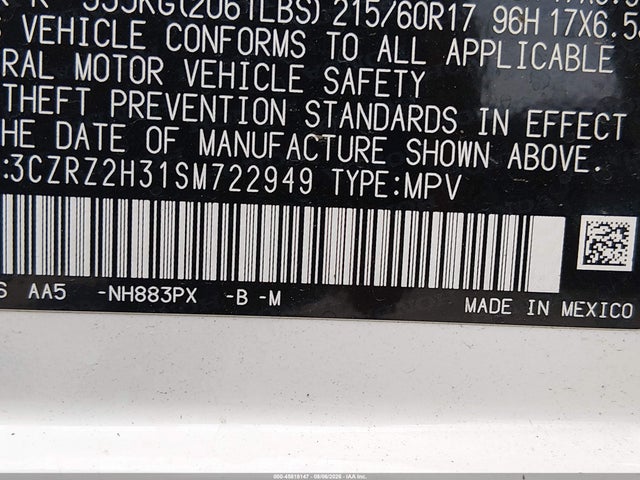 45818147 :رقم المزاد ، 3CZRZ2H31SM722949 vin ، 2025 Honda Hr-v Awd Lx مزاد بيع