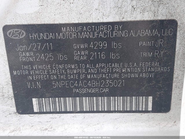 45818152 :رقم المزاد ، 5NPEC4AC4BH235021 vin ، 2011 Hyundai Sonata Se مزاد بيع