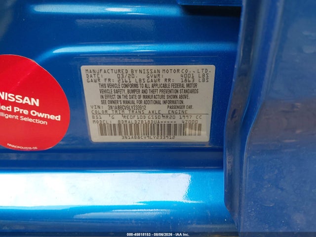 Продажа на аукционе авто 2020 Nissan Sentra Sv Xtronic Cvt, vin: 3N1AB8CV9LY233912, номер лота: 45818153