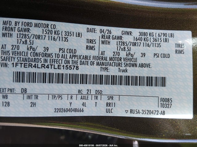 Продаж на аукціоні авто 2026 Ford Ranger Raptor, vin: 1FTER4LR4TLE15578, номер лоту: 45818156
