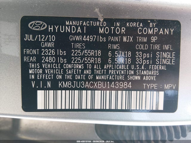Aukcja sprzedaży 2011 Hyundai Tucson Gls/limited, vin: KM8JU3ACXBU143984, numer aukcji: 45818164