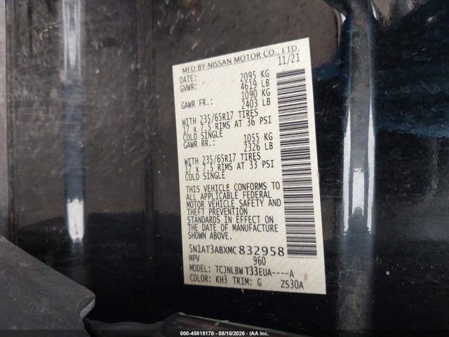 45818170 :رقم المزاد ، 5N1AT3ABXMC832958 vin ، 2021 Nissan Rogue S Intelligent Awd مزاد بيع