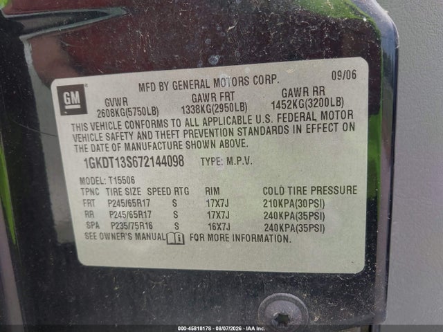 Aukcja sprzedaży 2007 Gmc Envoy Sle, vin: 1GKDT13S672144098, numer aukcji: 45818178