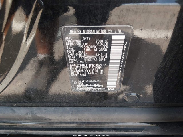 45818186 :رقم المزاد ، JN8AZ2NF5K9688065 vin ، 2019 Infiniti Qx80 Luxe مزاد بيع