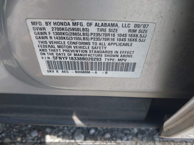 Продажа на аукционе авто 2008 Honda Pilot Se, vin: 5FNYF18338B020293, номер лота: 45818190
