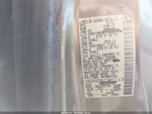 Aukcja sprzedaży 2001 Nissan Frontier Xe, vin: 1N6DD26S91C381113, numer aukcji: 45818191