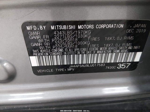 45818195 :رقم المزاد ، JA4AP3AU9LU017583 vin ، 2020 Mitsubishi Outlander Sport 2.0 Be/2.0 Es/2.0 Sp مزاد بيع