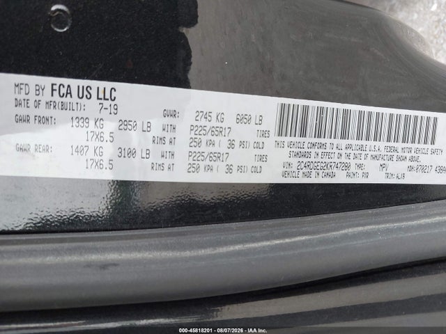 45818201 :رقم المزاد ، 2C4RDGEG2KR747280 vin ، 2019 Dodge Grand Caravan Gt مزاد بيع
