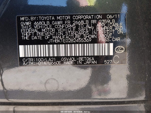 45818205 :رقم المزاد ، JTHBK1EG2B2455369 vin ، 2011 Lexus Es 350 مزاد بيع