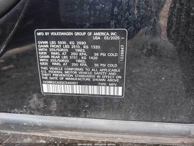 45818207 :رقم المزاد ، 1V2BR2CAXSC545007 vin ، 2025 Volkswagen Atlas 2.0t Sel مزاد بيع