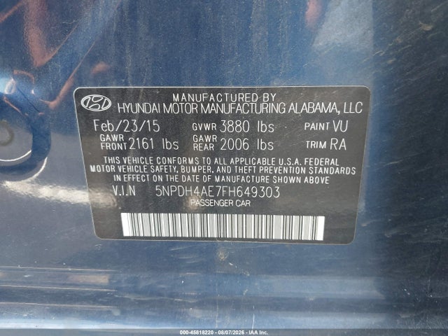 Aukcja sprzedaży 2015 Hyundai Elantra Se, vin: 5NPDH4AE7FH649303, numer aukcji: 45818220
