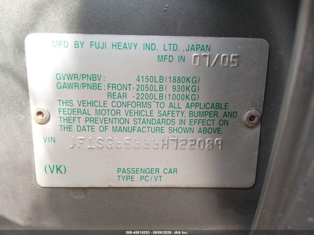 2006 Subaru Forester 2.5x მანქანა იყიდება აუქციონზე, vin: JF1SG65666H722089, აუქციონის ნომერი: 45818253