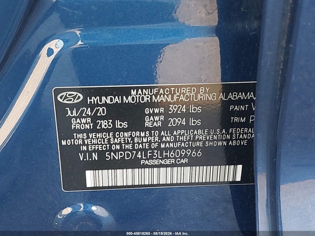 Продаж на аукціоні авто 2020 Hyundai Elantra Se, vin: 5NPD74LF3LH609966, номер лоту: 45818265