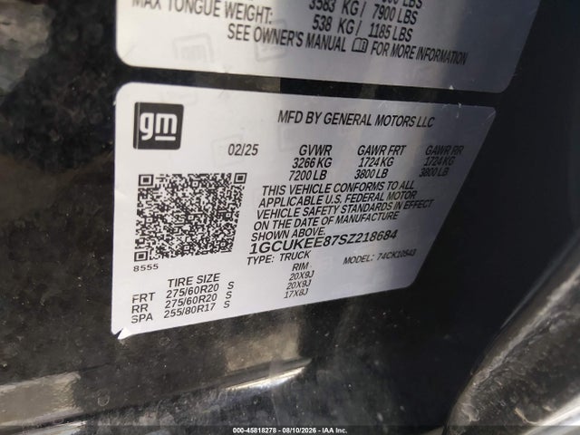 Продаж на аукціоні авто 2025 Chevrolet Silverado 1500 4wd  Short Bed Rst, vin: 1GCUKEE87SZ218684, номер лоту: 45818278
